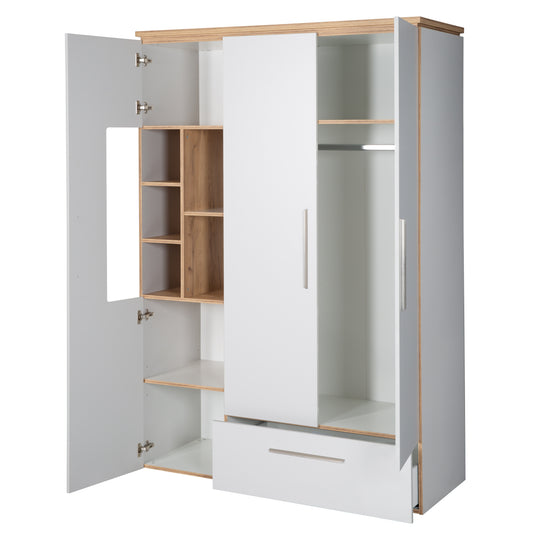 Kinderzimmerset 'Tobi', inkl. Kombi-Bett 70 x 140 cm, Wickelkommode & 3-türigem Schrank, Lichtgrau/Goldeiche