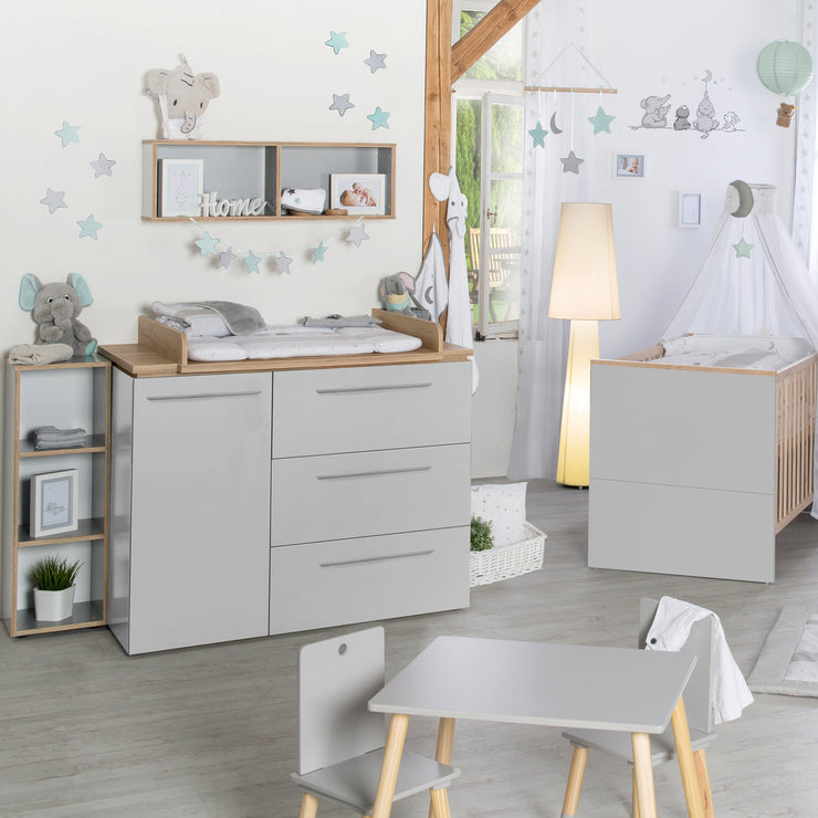 Cameretta per bambini "Tobi", incl. letto combinato 70 x 140 cm, fasciatoio e armadio a 3 ante, grigio chiaro / rovere dorato