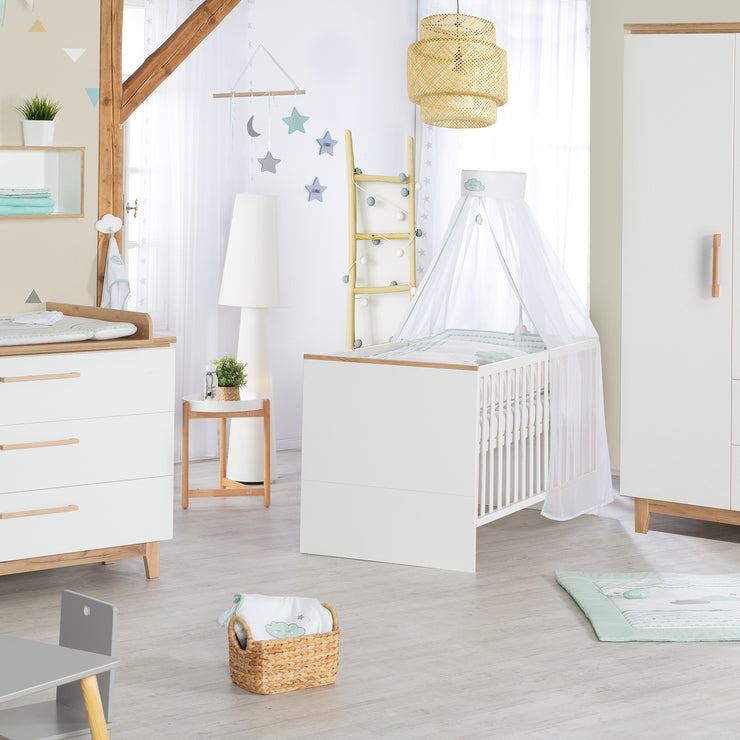 Room set 'Finn' incl. combi cot 70 x 140 cm, changing table & 3-door wardrobe, white / gold oak