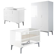 Set de meuble  "Retro 2", incl. lit bébé 70 x 140 cm, commode à langer et armoire 3 portes, blanc/gris