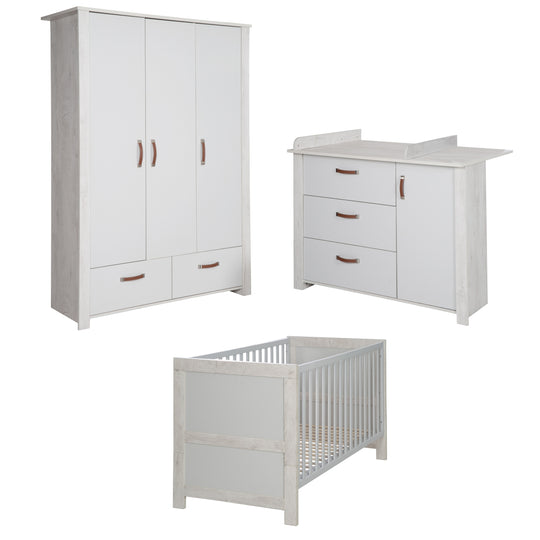 Set camera per bambini 'Mila', compreso il letto combi 70 x 140 cm, cambio petto & armadio a 3 porte, grigio/bianco