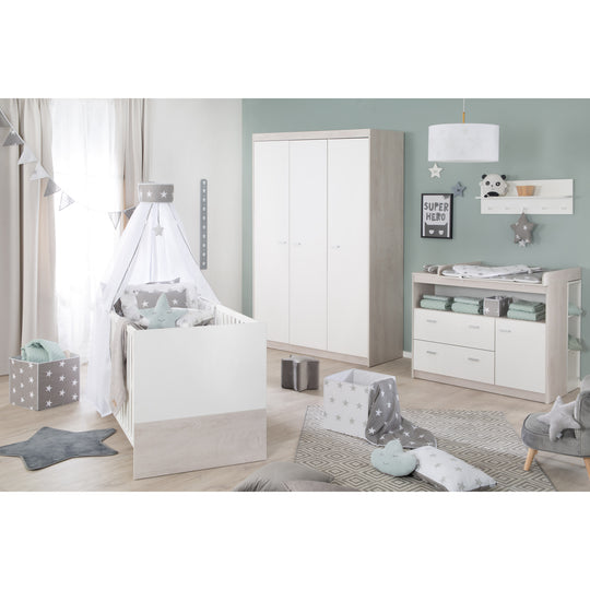 Juego de muebles 'Julia' 3 piezas, incluye cuna convertible de 70 x 140 cm, cómoda para cambiar pañales y armario de 3 puertas