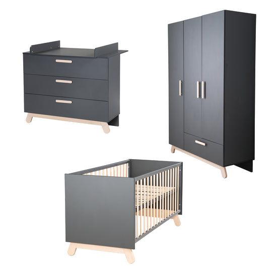 Set da camera 'Jara' antracite, con letto combinato, fasciatoio e armadio a 3 ante