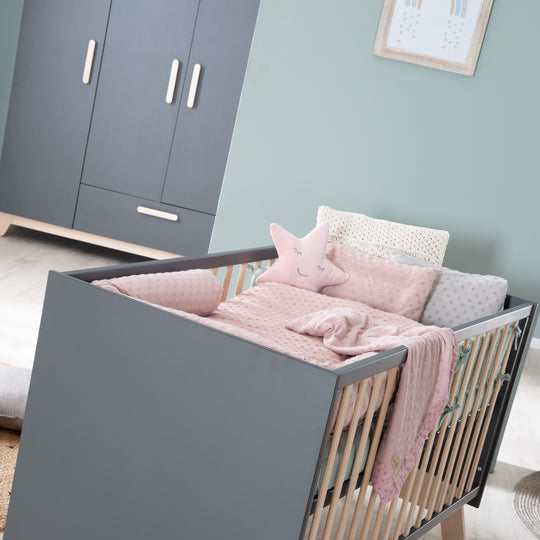 Set da camera 'Jara' antracite, con letto combinato, fasciatoio e armadio a 3 ante