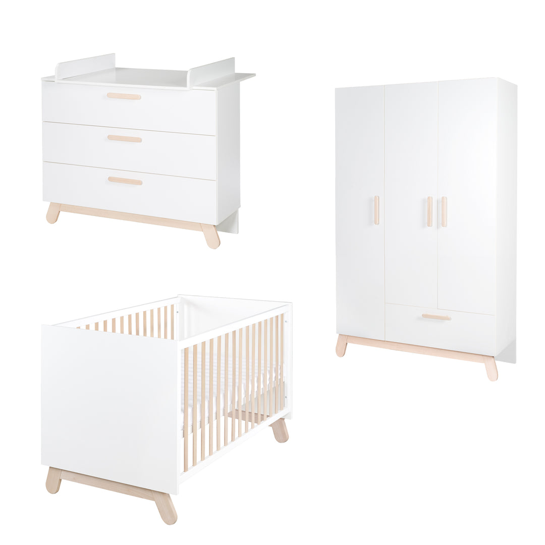 Juego de habitación 'Clara' en blanco, incluye cama combinada, cambiador y armario de 3 puertas