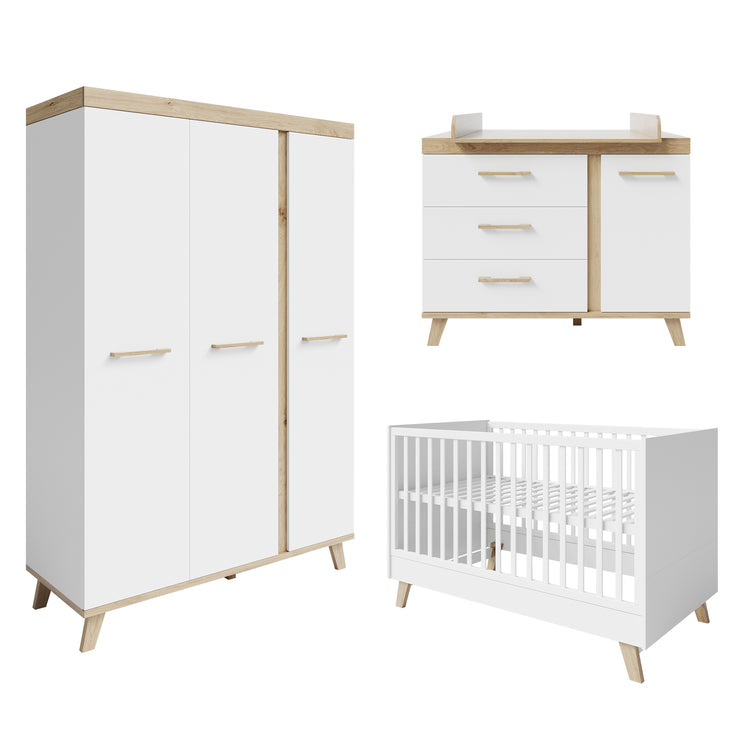 Nursery 3 pc 'Smile' - Cot + Changing Dresser + Wardrobe - Artisan Oak / White