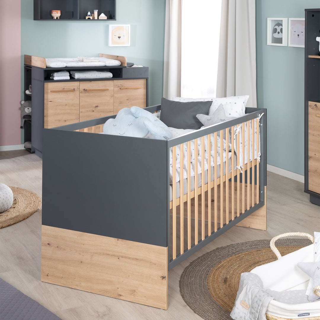 Kinderzimmerset 'Lenn' 3-teilig - Bett 70x140 + Wickelkommode + Kleiderschrank 3-türig