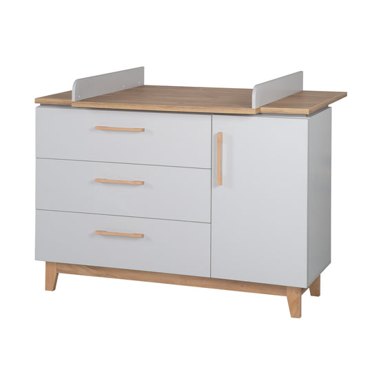 Children's Room Set 'Caro', including Convertible Bed 70 x 140 cm, Changing Table & 3-Door Wardrobe, Light Gray/Gold Oak