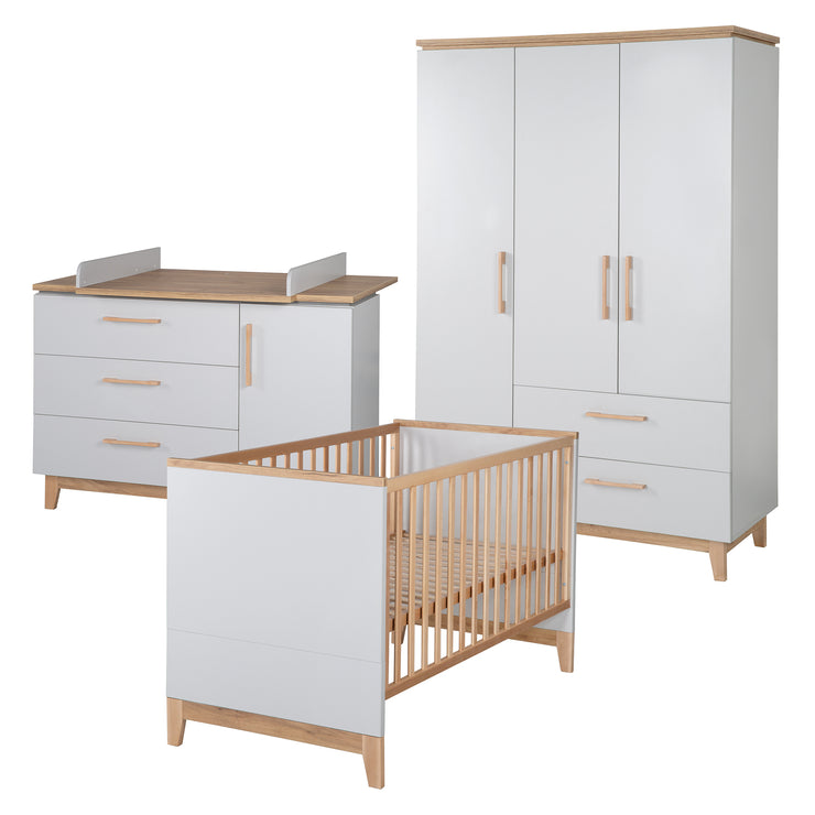 Kinderzimmerset 'Caro', inkl. Kombi-Bett 70 x 140 cm, Wickelkommode & 3-türigem Schrank, Lichtgrau/Goldeiche