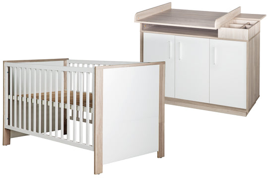 Möbelset 'Olaf' inkl. Kombi-Bett 70 x 140 cm & breiter Wickelkommode, Luna Elm/weiß