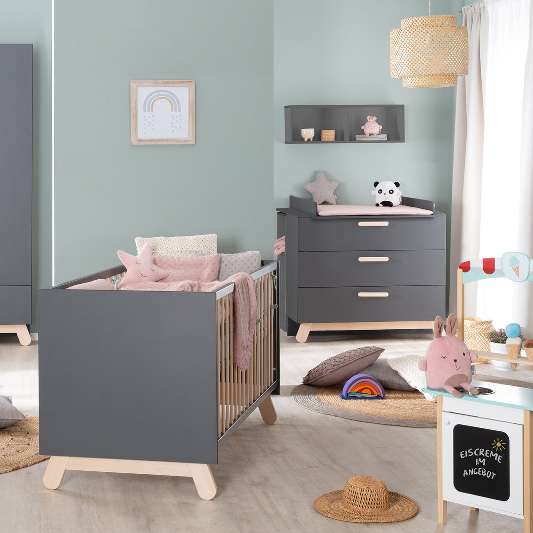 Furniture Set 'Jara' Including Baby/Children's Bed 70 x 140 cm & Changing Table in Anthracite