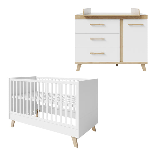 Möbelset 'Smile' 2-teilig - Kombi-Bett 70x140 + Wickelkommode - Artisan Eiche / Weiß