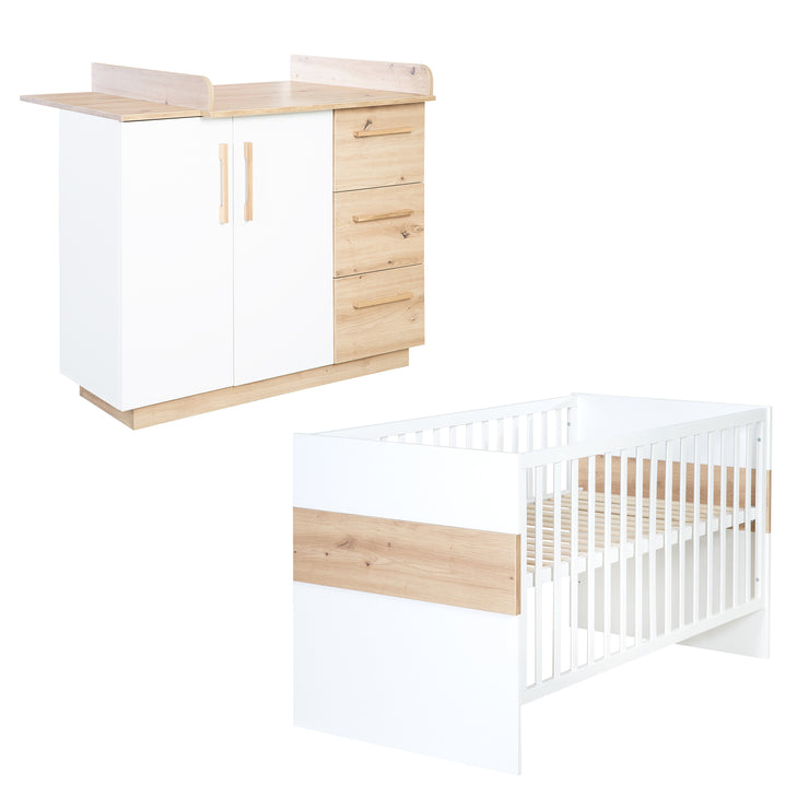 Möbelset 'Lion 2-teilig - Kombi-Kinderbett 70x140 + Wickelkommode breit - Weiß - Dekor 'Artisan Eiche'