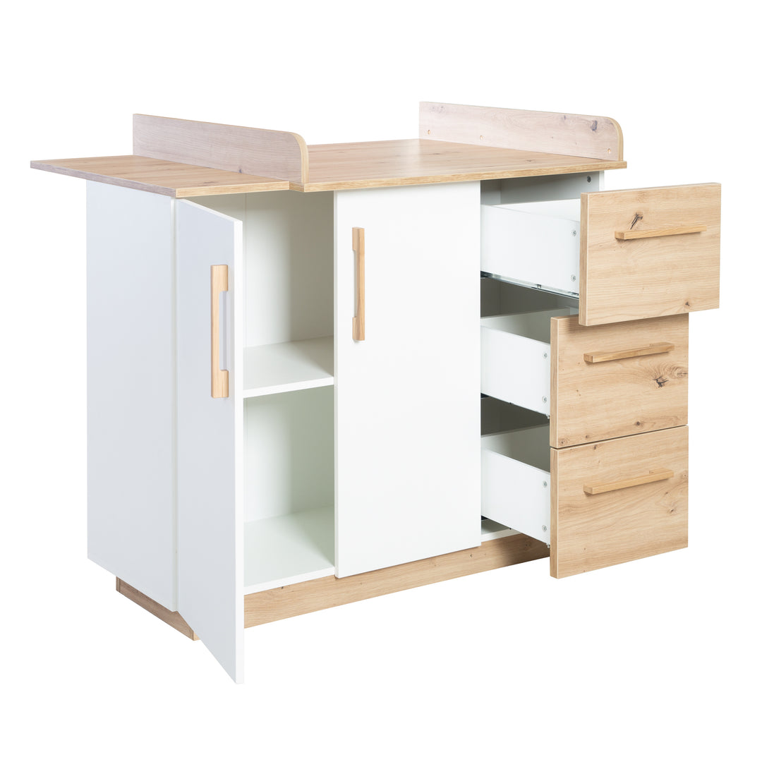 Furniture Set 'Lion' 2-Piece - Convertible Children's Bed 70x140 cm + Wide Changing Table - White - Decor 'Artisan Oak'
