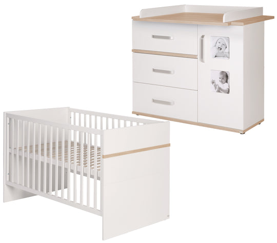 Babymöbel-Set 'Pia', 2-tlg, inkl. Kombi-Bett 70 x 140 cm & breiter Wickelkommode, Weiß / San Remo Eiche