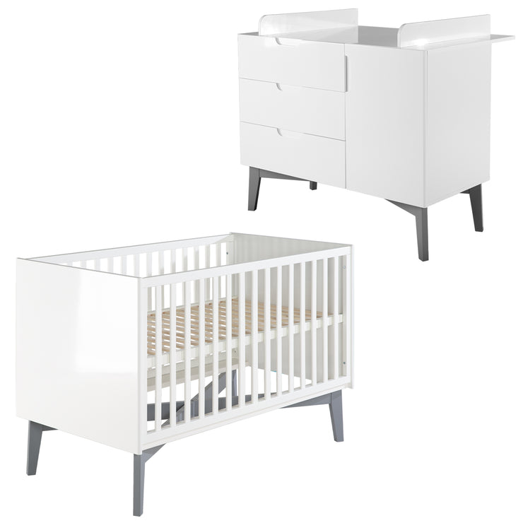 Juego de muebles para niños 'Retro 2', incluida la cama combi 70 x 140 cm y ping de envoltura ancha, blanco/gris