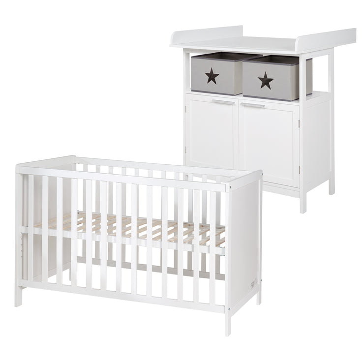 Chambre bébé duo "Hamburg" - 2 en 1 lit bébé 60x120 + commode à langer 2 portes - Blanc