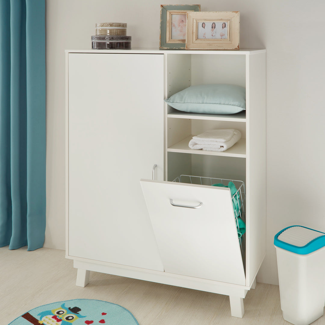 Highboard 'Nordic Weiss', autonomo incluso il cesto del bucato, scaffale bianco per le stanze per bambini e bambini