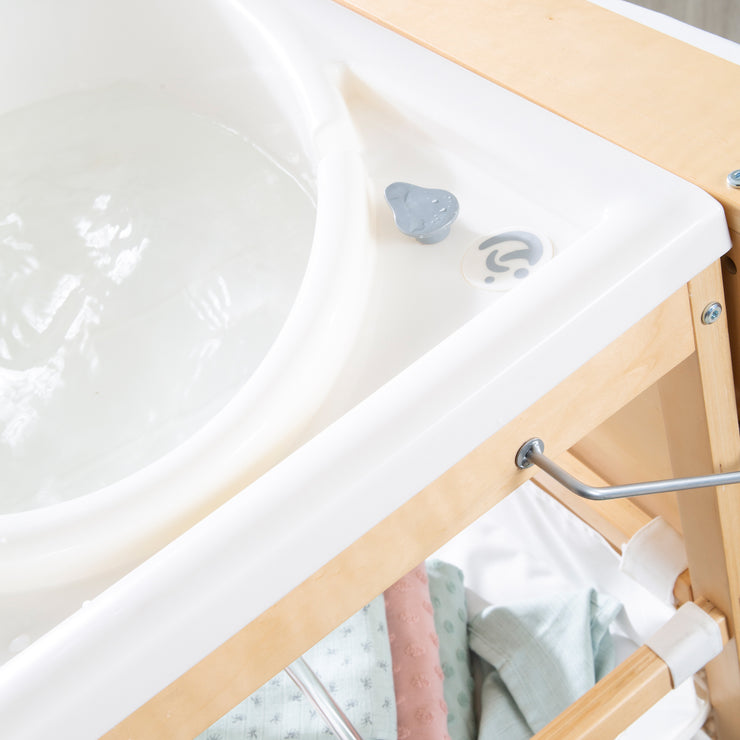 Bath & changing combination 'Baby Pool', foldable table with tub, natural wood, white changing mat