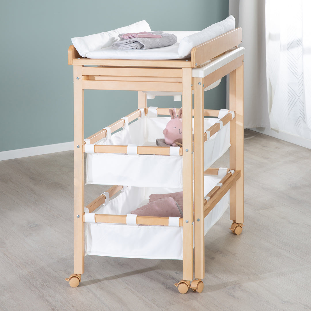 Table à langer extensible avec baignoire 'Baby Pool' - Matelas à langer incluse - Bois naturel / blanc