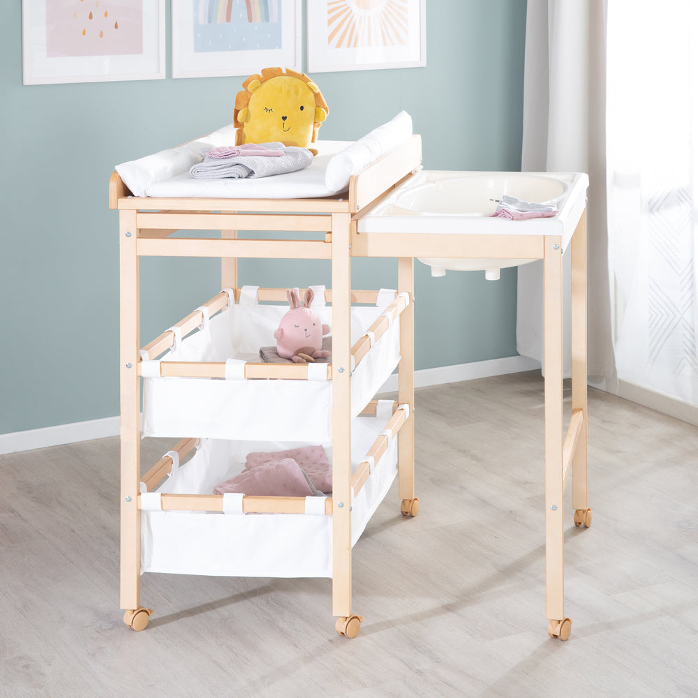 Combinazione bagno-fasciatoio 'Baby Pool', tavolo estensibile con vasca, legno naturale, rivestimento bianco