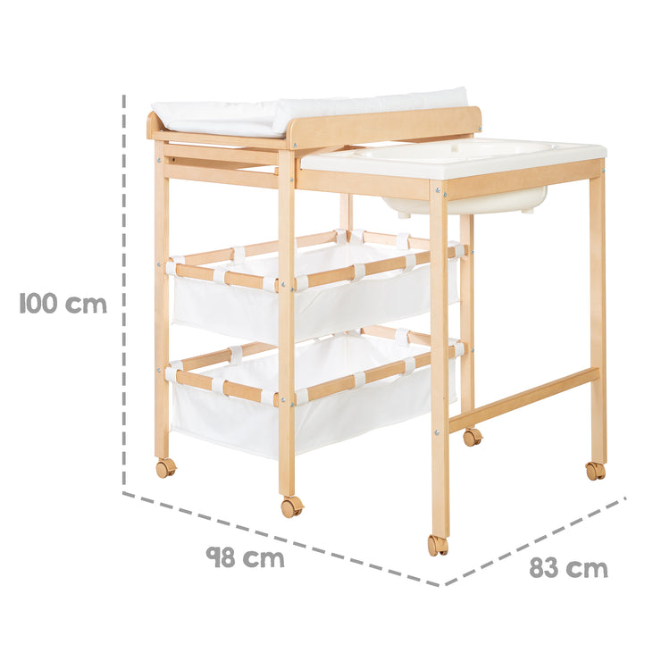 Combi baignoire et changement "Baby Pool", table à enrouler avec baignoire, bois natur, appui blanc