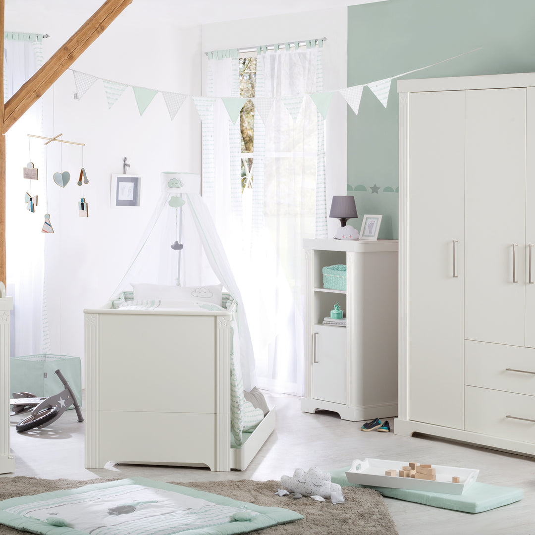 Standregal 'Maxi‘, Korpus Dekor Weiß, Fronten Canadian White, Holz, mit Soft Close-Technik