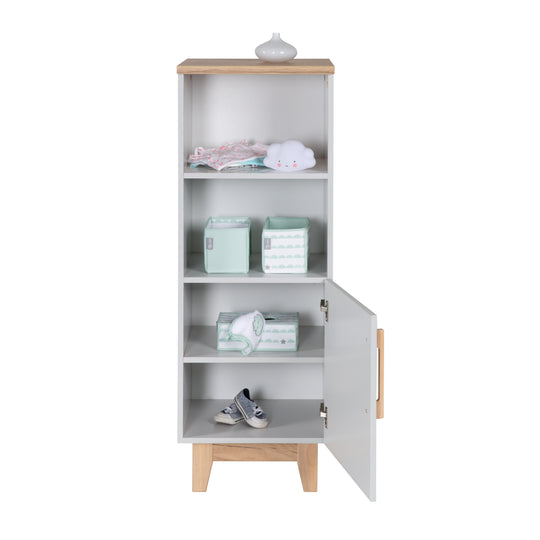 Scaffale in piedi 'Caro', in legno per cameretta e stanza dei bambini, con tecnologia Soft-Close, grigio chiaro / rovere dorato