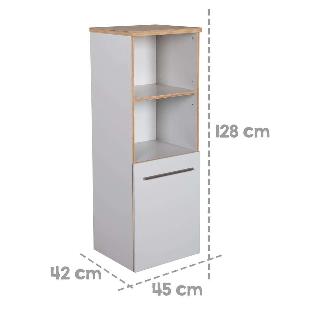 Scaffale in piedi 'Tobi', in legno per cameretta e stanza dei bambini, con tecnologia Soft-Close, grigio chiaro / rovere dorato