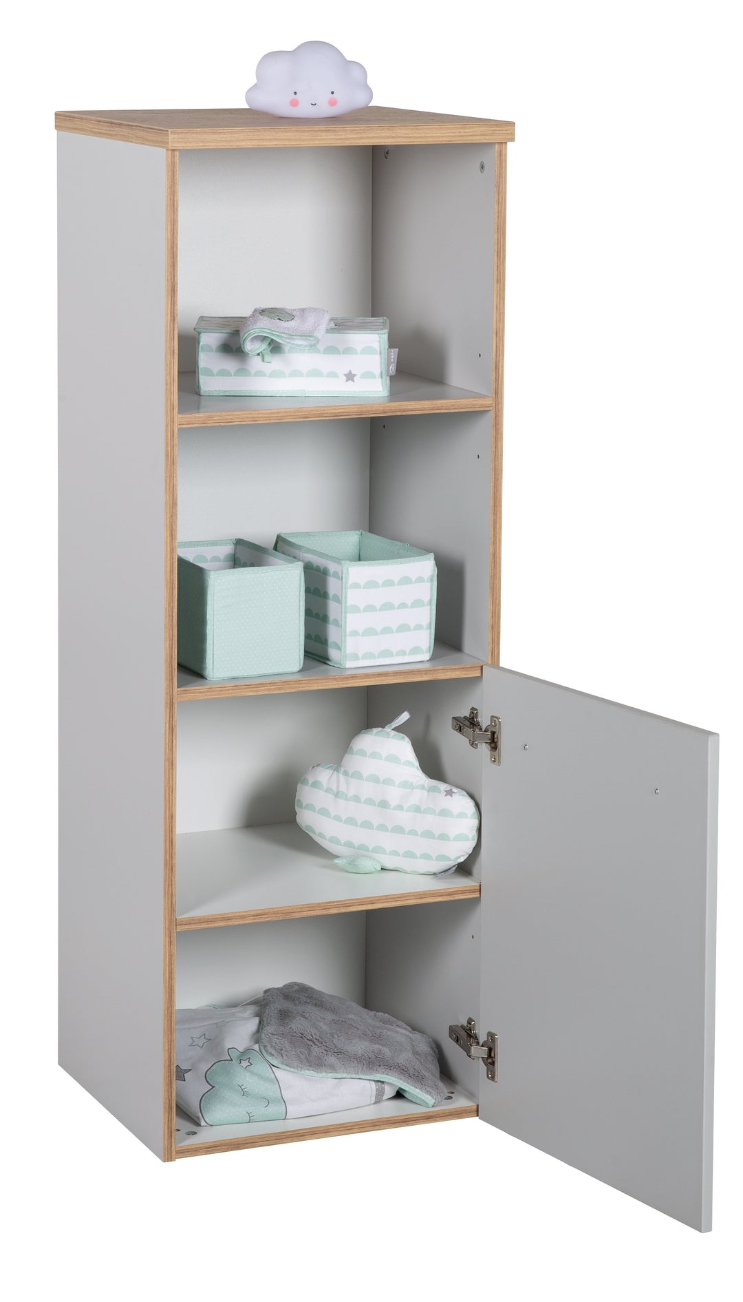 Scaffale in piedi 'Tobi', in legno per cameretta e stanza dei bambini, con tecnologia Soft-Close, grigio chiaro / rovere dorato