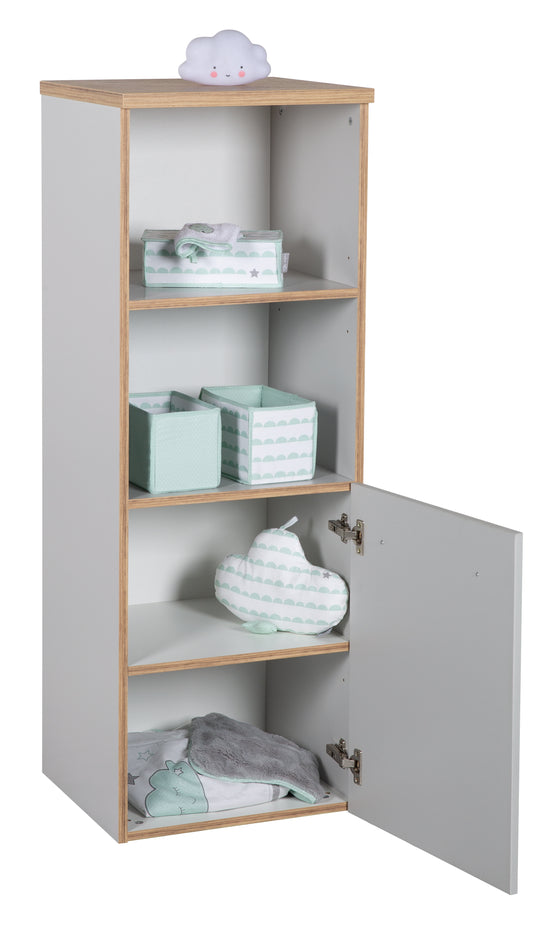 Scaffale in piedi 'Tobi', in legno per cameretta e stanza dei bambini, con tecnologia Soft-Close, grigio chiaro / rovere dorato