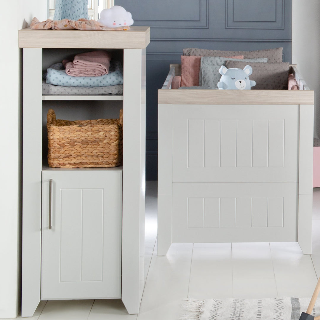 Libreria 'Helene', in legno per camerette, con sistema soft-close, color grigio chiaro/Luna Elm
