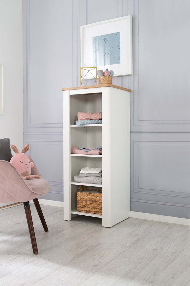 Étagère 'Ava', 4 compartiments ouverts, corps en 'blanc', couronne en décor tendance 'chêne Artisan'.