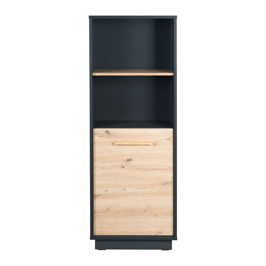 Scaffale a muro 'Lenn' - con 2 scomparti aperti - corpo antracite - anta decorata in legno 'rovere Artisan
