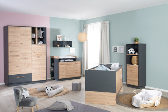 Scaffale a muro 'Lenn' - con 2 scomparti aperti - corpo antracite - anta decorata in legno 'rovere Artisan