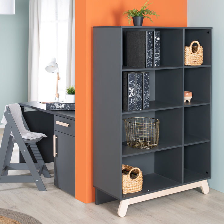 Étagère de rangement carrée "Jara" - 8 compartiments - Pieds en bois véritable - Anthracite