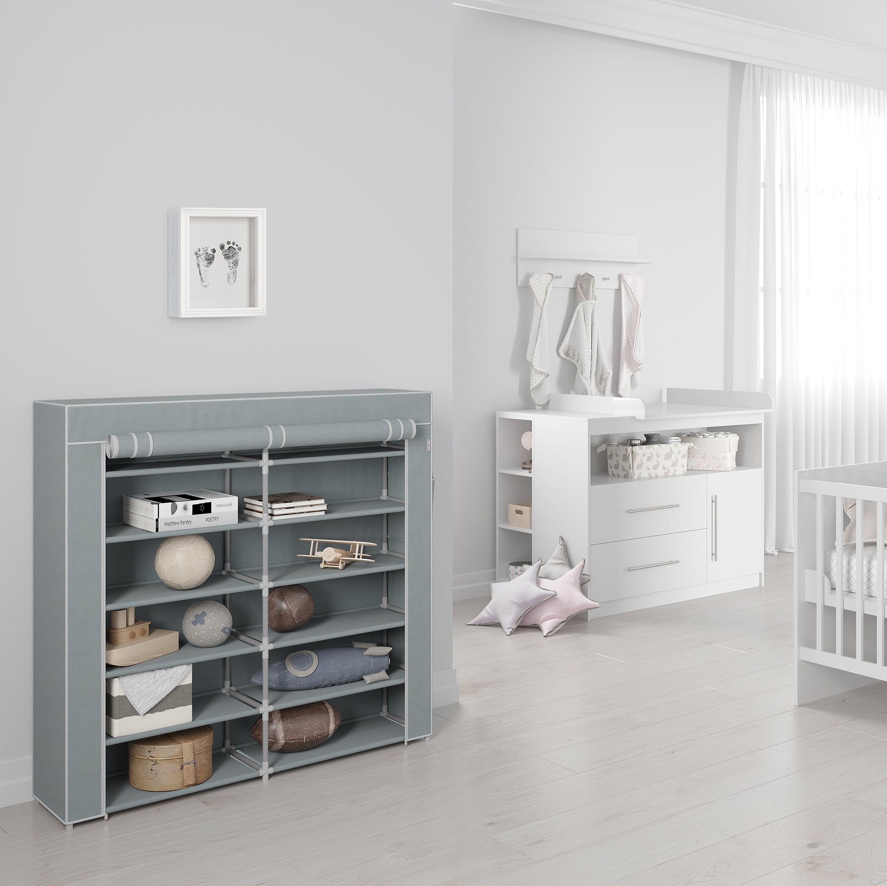 Armadio Tessuto Roba Little Stars - 175x110x45 Cm, 6 Scomparti, Con Cerniera, Grigio - Foto 4