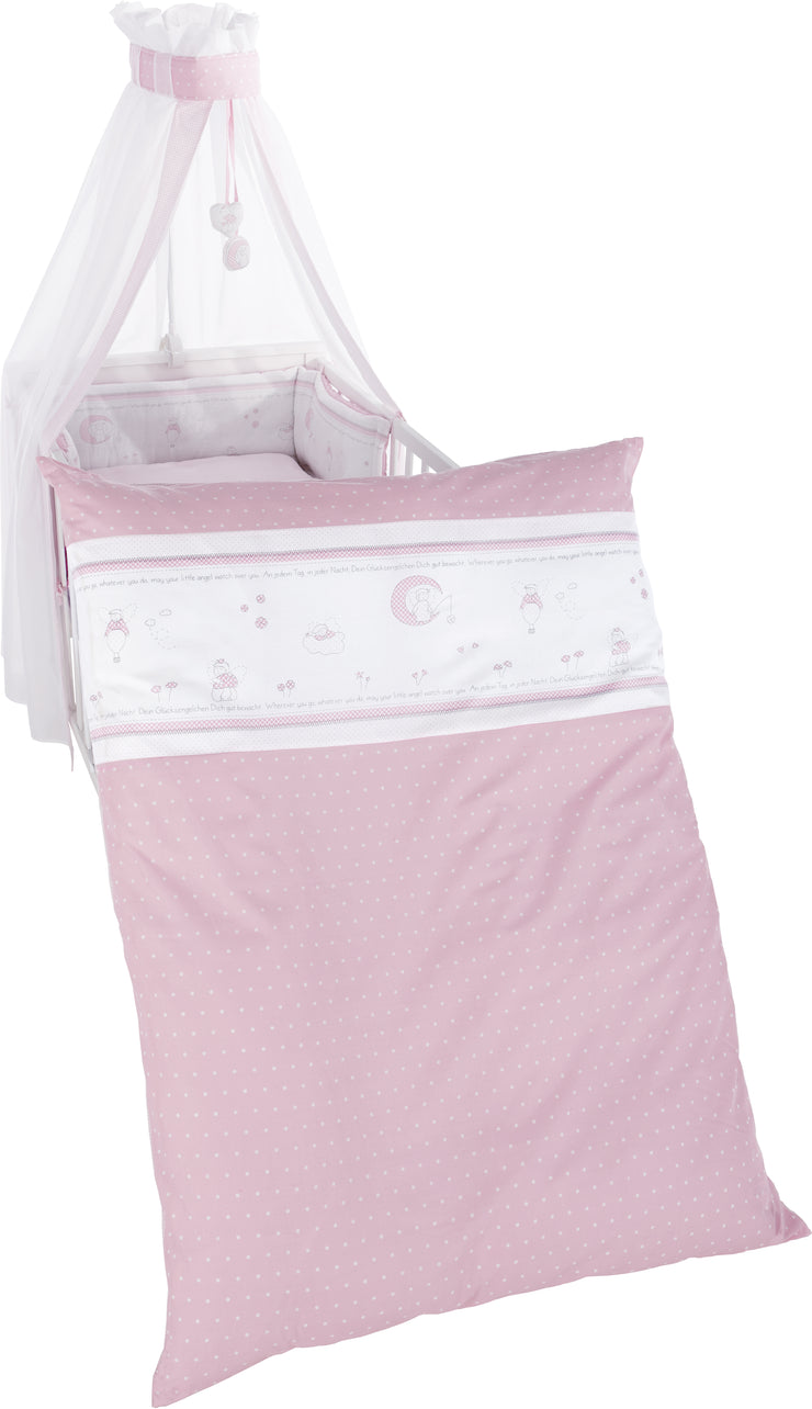 Kinderbettgarnitur 'Glücksengel rosa', 4-tlg Set mit Bettwäsche 100 x 135 cm, Nestchen & Himmel