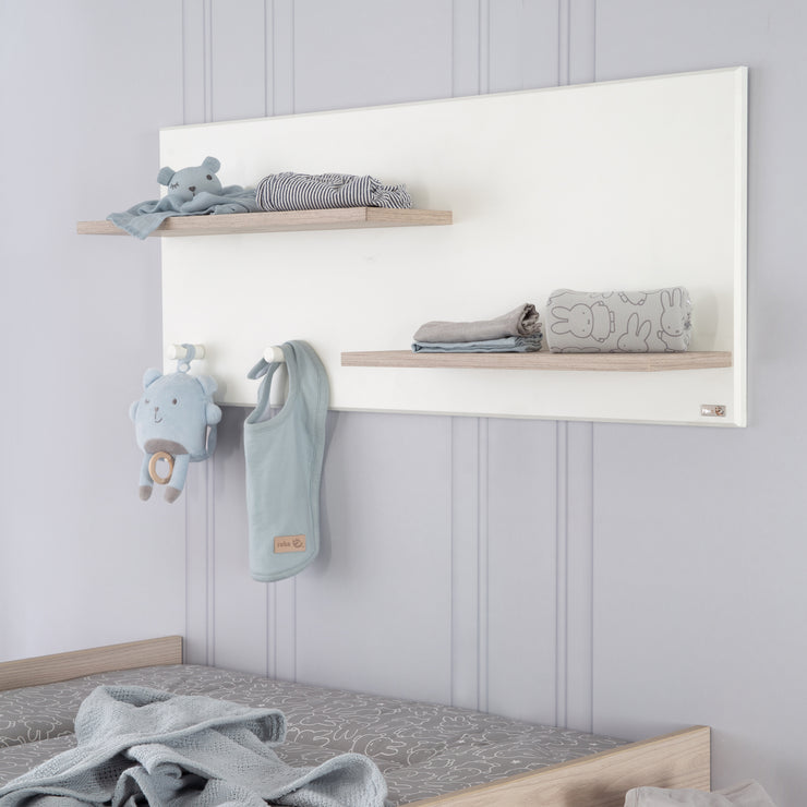 Wall shelf 'Felicia', wall board above changing table, 2 shelves, 2 hooks, white / Luna Elm