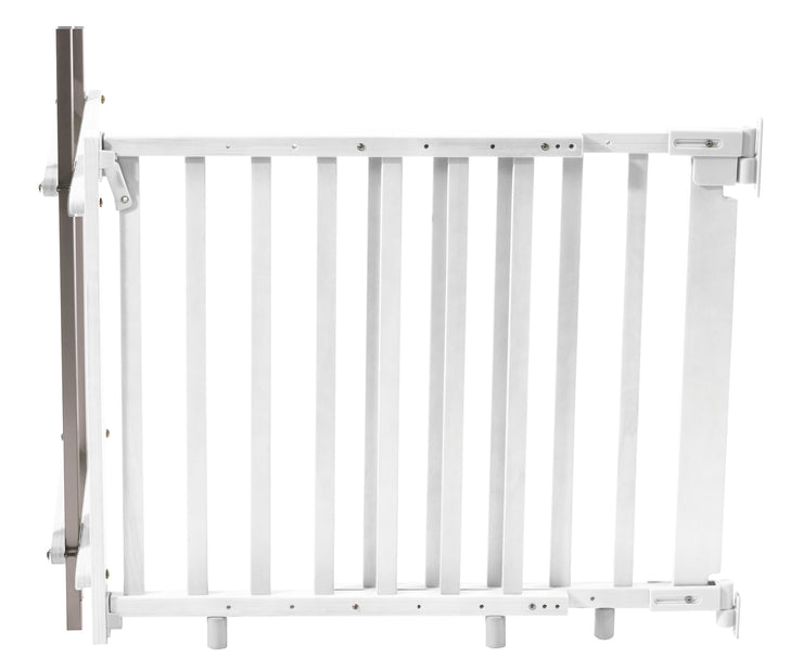 Pantalla de escalera, lacado blanco madera, ancho 79 - 118 cm, rejilla de escalera para niños y mascotas