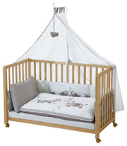 Roombett als Beistellbett in Naturholz, Größe 60 x 120 cm auf Rollen inklusive Himmel, Matratze, Himmel und Babynest