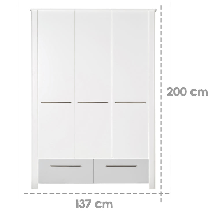 Zimmerset 'Linus' inkl. Kombi-Bett 70 x 140 cm, Wickelkommode & 3-türigem Schrank, Weiß / grau