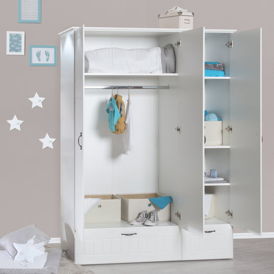 Wardrobe 'Constantin', 3 Swing Doors, 2 Drawers, Soft-Close Technology, Carved, White
