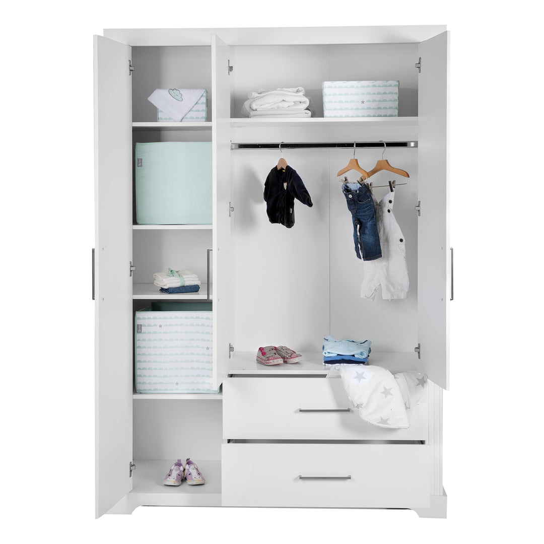Möbelset 'Maxi' inkl. Kombi-Bett 70 x 140 cm, Wickelkommode & 3-türigem Kleiderschrank, weiß