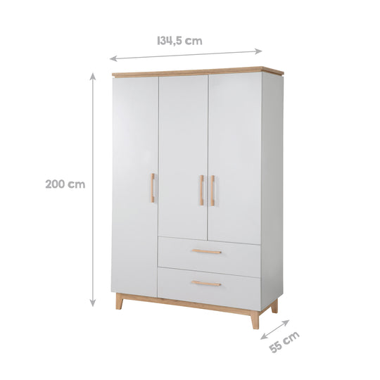Children's Room Set 'Caro', including Convertible Bed 70 x 140 cm, Changing Table & 3-Door Wardrobe, Light Gray/Gold Oak