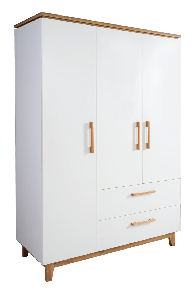 Armoire "Finn", 3 portes, 2 tiroirs, blanc, technologie à fermeture progressive, armoire à portes battantes