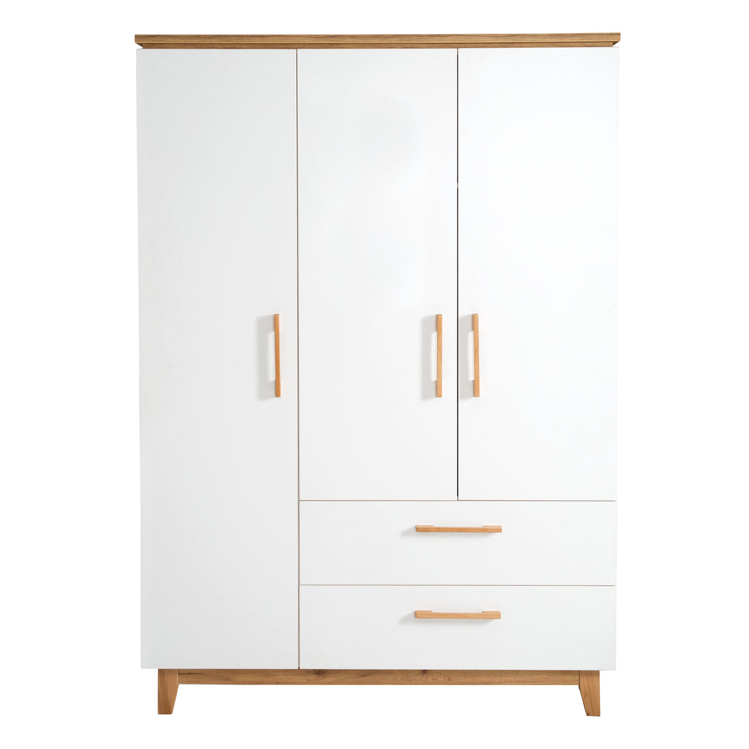 Wardrobe 'Finn', 3 Doors, 2 Drawers, White, with Soft Close Technology, Swing Door Wardrobe