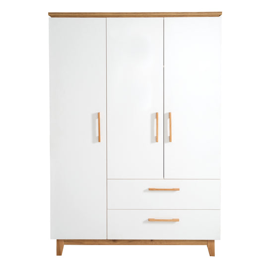 Wardrobe 'Finn', 3 Doors, 2 Drawers, White, with Soft Close Technology, Swing Door Wardrobe