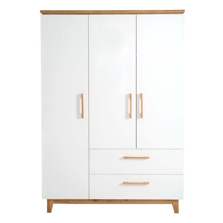 Armoire "Finn", 3 portes, 2 tiroirs, blanc, technologie à fermeture progressive, armoire à portes battantes