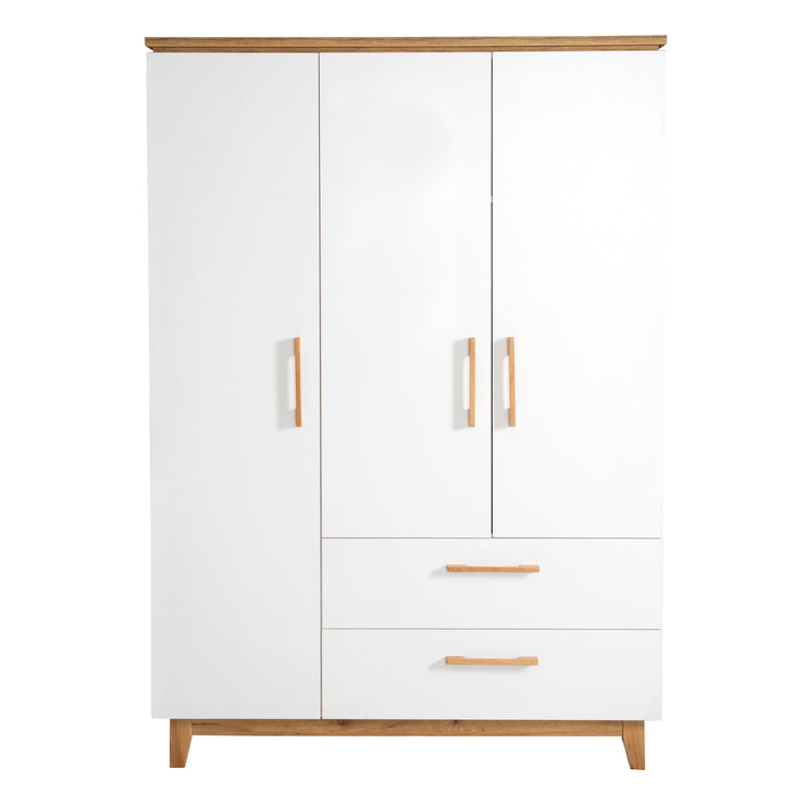 Wardrobe 'Finn', 3 doors, 2 drawers, white, with soft close technology, revolving door cupboard
